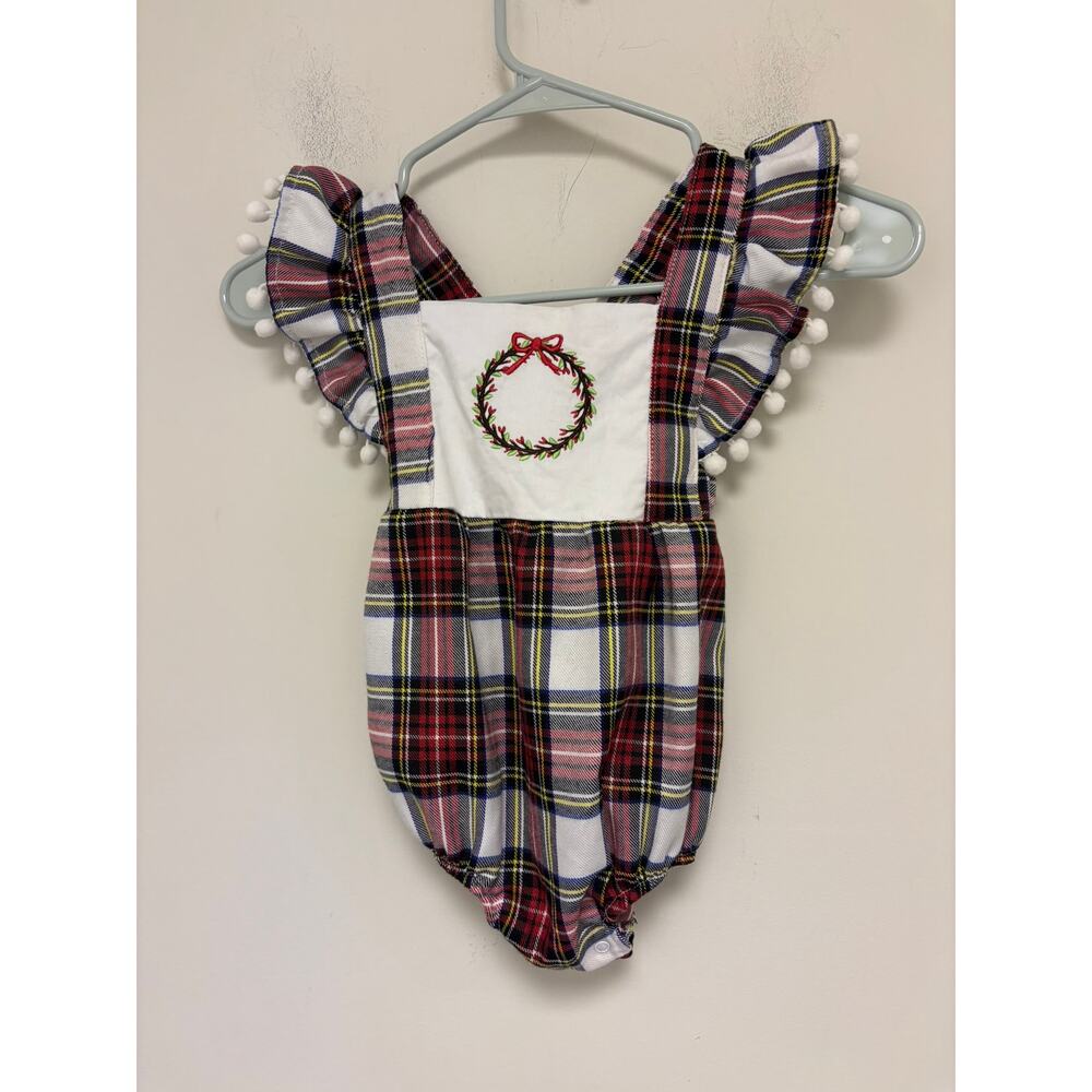 Honeydew Christmas Wreath Plaid Bubble Romper Size 6-12 months